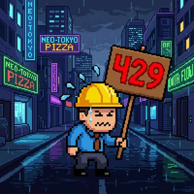 Pixel character holding a 429 Too Many Requests protest sign