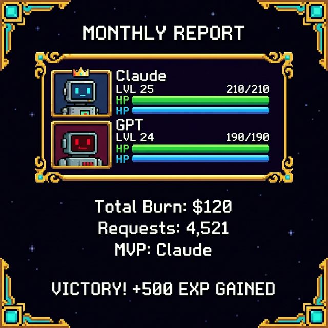 RPG battle report card showing AI agent stats